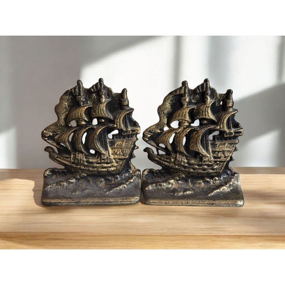 Vintage Cast Iron Book Ends "Spanish Ship" Three Mast Clipper Sailing Boat Decor
